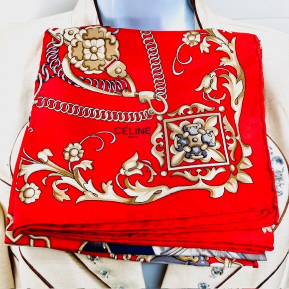Unused Celine Paris 100% Silk Scarf Satin 34" Horse Red Blue Gold (36 - Picture 10 of 16